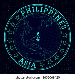 Futuristic satellite view of the world centered on the Philippines. Country badge with map, round text, and binary background. Elegant vector illustration.