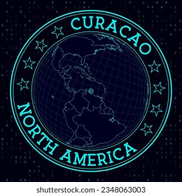 Cartel redondo de CURACAO. Vista satelital futurista del mundo centrada en CURACAO. Indicador geográfico con mapa, texto redondo y fondo binario. Auténtica ilustración vectorial.