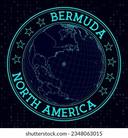 Futuristic satellite view of the world centered to Bermuda. Geographical badge with map, round text and binary background. Charming vector illustration.