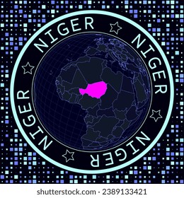Futuristic satellite view of the world centered on Niger. Geographical illustration with the shape of the country and a squares background. Bright neon colors on a dark background.