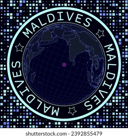 Futuristic satellite view of the world centered on Maldives. Geographical illustration with shape of country and squares background. Bright neon colors on dark background.