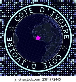 Futuristic satellite view of the world centered on Ivory Coast. Geographical illustration with the shape of the country and a squares background.