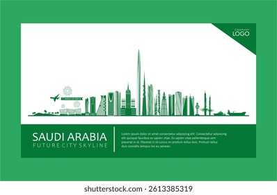 Futuristic Saudi Arabia cityscape featuring Future Skyscrapers project with Saudi Vision 2030 theme. Great for banner, background, business, tourism, sport and event promos.