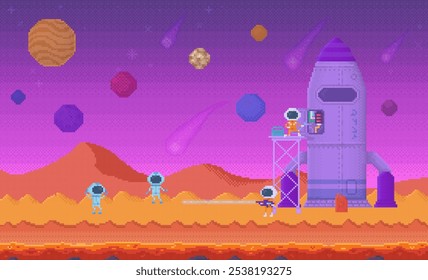 Futuristic scene with astronauts exploring an alien planets surface. Background features planets, comets, and a rocket. Ideal for sci-fi, outer space exploration, video games, technology, futuristic