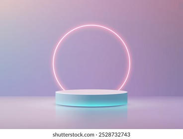 Una escena futurista con un podio turquesa con un brillante círculo de neón rosa sobre un fondo degradado. La iluminación suave y difusa crea una atmósfera vibrante y moderna, perfecta para maquetas tecnológicas