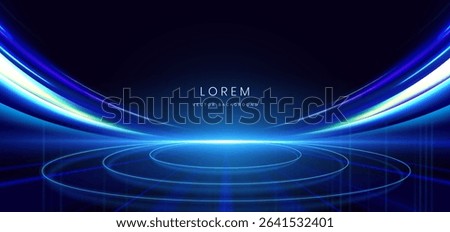 Futuristic scene glowing blue rays with blue neon lights circles on dark blue background. Concept technology, gamer. Vector illustration