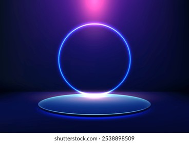 Cena futurista com um círculo de neon brilhante acima de um pódio 3D azul colocado contra um fundo azul escuro. Perfeito para telas de produtos de tecnologia, modelos digitais
