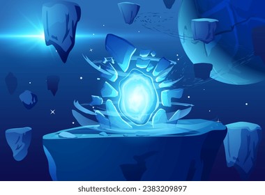 Futuristic scene with glowing portal with scattering stones, vortex, mountain and planet. Fantasy sci fi landscape with teleportation gate. Vector illustration for game design, background, wallpaper.