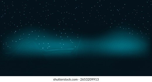 Futuristic scene with a wireframe landscape against a starry sky