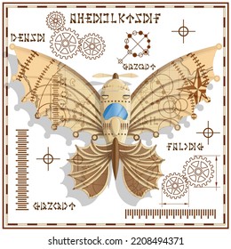 Futuristic scheme of an old plane. Double exposure. Vector illustration. 