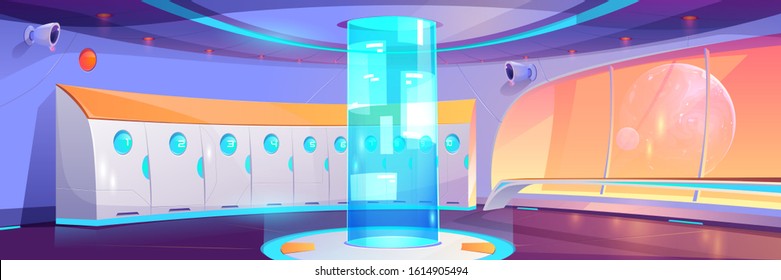 Futuristic school hallway interior with lockers and round hologram with adverts. Vector cartoon background of empty corridor in college, university with cosmos behind spaceship window