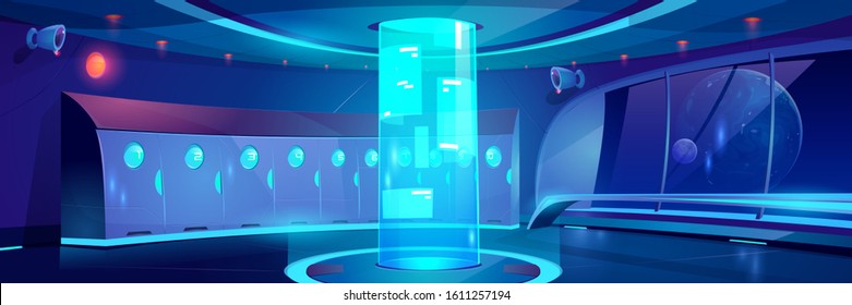 Futuristic school hallway interior at night. Vector cartoon background of empty corridor with lockers and round hologram with adverts in college, university in spaceship