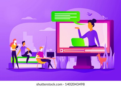 Entorno educativo futurista. Seminario web a petición, sermoneo. Enseñanza en línea, comparte tu conocimiento, concepto de profesor de inglés en línea. Ilustración creativa de concepto aislado por vectores