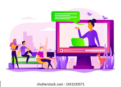 Futuristic school learning environment. On-demand webinar, lecturing. Online teaching, share your knowledge, English teacher online concept. Vector isolated concept creative illustration