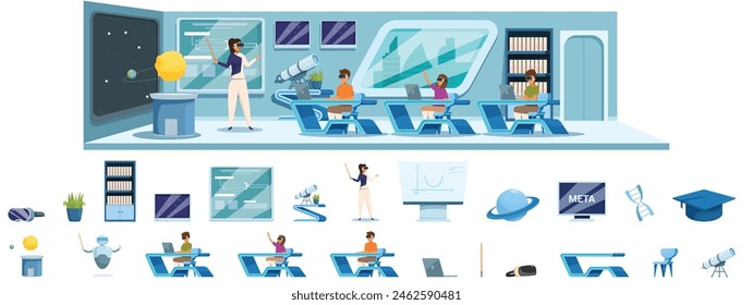 Futuristic school vector. A classroom scene with a teacher and students. The teacher is teaching the students about space and the students are learning about the planets