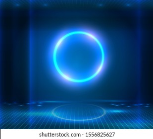 Futuristic Sci Fi elegant modern Neon glowing Circle. Blue neon abstract background with glowing ring shape. Blue pink violet neon abstract background, ultraviolet light, nightclub empty room interior