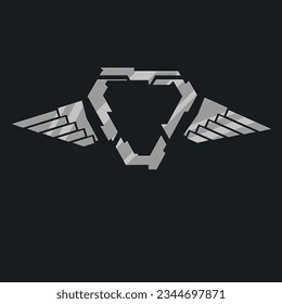 Futurista Sci Fi Hud Futurista Militar Logo Icono Elemento Triángulo metálico Alas Gris Asimétricas Diseño Vector