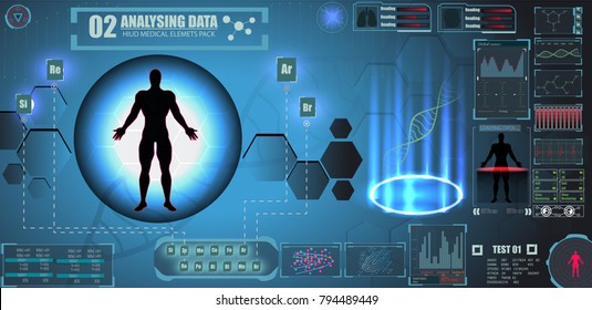 Futuristic Sci Fi HUD UI for Medical App, Futuristic Medical HUD Interface, virtual graphic touch UI with illustration of Brain Scan, Heart Scan, DNA, Human Body - Powered by Shutterstock - Get 15% off with code: PIKWIZARD15