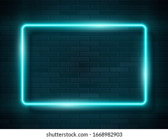 Futuristic Sci Fi Modern Neon Glowing Rectangle Frame for Banner on Dark Empty Grunge Concrete Brick Background. Vector Vintage Blue Turquoise Colored Lights. Retro Neon Sign