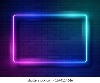 Futuristic Sci Fi Modern Neon Iridescent Glowing Rectangle Frame for Banner on Dark Empty Grunge Concrete Brick Background. Vector Vintage Purple Pink Blue Colored Lights. Retro Neon Sign