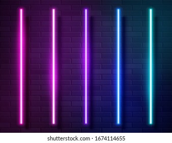 Futuristic Sci Fi Modern Neon Iridescent Glowing Lines Banner on Dark Empty Grunge Brick Background. Vector Vintage Purple Pink Blue Colored Lights. Retro Neon Sign