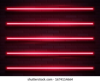 Futuristic Sci Fi Modern Neon Red Glowing Lines Banner on Dark Empty Grunge Brick Background. Vector Vintage Purple Pink Blue Colored Lights. Retro Neon Sign