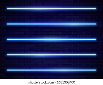 Cartel moderno de líneas brillantes neón iridiscente futurista de ciencia ficción sobre fondo oscuro vacío de ladrillo negro. Luces de color azul vectorial Vintage. Signo de neón retro