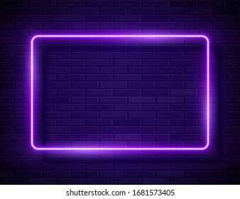 Futuristic Sci Fi Modern Neon Glowing Rectangle Frame for Banner on Dark Empty Grunge Concrete Brick Background. Vector Vintage Blue Violet Colored Lights. Retro Neon Sign