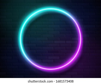 Futurista Sci Fi Moderno Marco de Círculo Brillante Neon Gradient para Banner en el fondo oscuro vacío de ladrillo de hormigón. Luces de color rosa morado de la Casa de la Moneda Azul Vectorial. Signo de neón retro