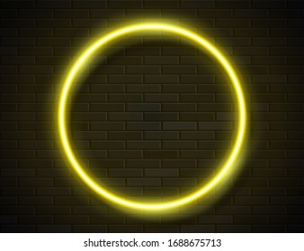Futuristic Sci Fi Modern Neon Yellow Glowing Circle Frame for Banner Dark Empty Grunge Concrete Brick Background  Vector Vintage Yellow Colored Circle Lamp  Retro Neon Sign