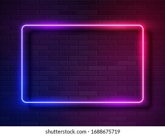 Futuristic Sci Fi Modern Neon Gradient Glowing Rectangle Frame for Banner on Dark Empty Grunge Concrete Brick Background. Vector Vintage Purple Pink Blue Violet Colored Lights. Retro Neon Sign