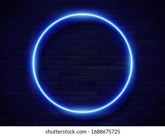 Futuristic Sci Fi Modern Neon Blue Glowing Circle Frame for Banner on Dark Empty Grunge Concrete Brick Background. Vector Vintage Blue Colored Circle Lamp. Retro Neon Sign