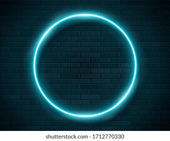 Futuristic Sci Fi Modern Neon Blue Glowing Circle Frame for Banner on Dark Empty Grunge Concrete Brick Background. Vector Vintage Green Mint Colored Circle Lamp. Retro Neon Sign