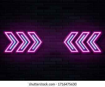 Futuristic Sci Fi Modern Neon Pine Glowing Arrows Frame for Banner on Dark Empty Grunge Concrete Brick Background. Vector Vintage Purple Blue Colored Directions Lamp. Retro Neon Sign