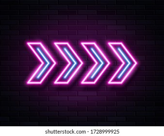 Futuristic Sci Fi Modern Neon Pine Glowing Arrows Frame for Banner on Dark Empty Grunge Concrete Brick Background. Vector Vintage Purple Blue Colored Directions Lamp. Retro Neon Sign