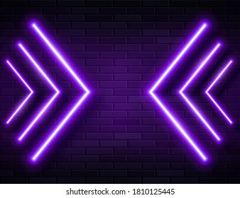 Futuristic Sci Fi Modern Neon Violet Glowing Arrows Frame for Banner on Dark Empty Grunge Concrete Brick Background. Vector Vintage Purple Blue Colored Directions Lamp. Retro Neon Sign