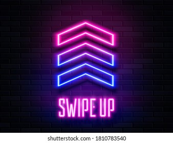 Futuristic Sci Fi Modern Neon Pink and Blue Gradient Glowing Arrows Up and Swipe Up Text for Banner on Dark Empty Grunge Concrete Brick Background. Vector Vintage Purple Blue Colored Directions Lamp. 