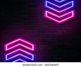 Futuristic Sci Fi Modern Neon Pink and Blue Gradient Glowing Arrows Frame for Banner on Dark Empty Grunge Concrete Brick Background. Vector Vintage Purple Blue Colored Directions Lamp. Retro Neon Sign