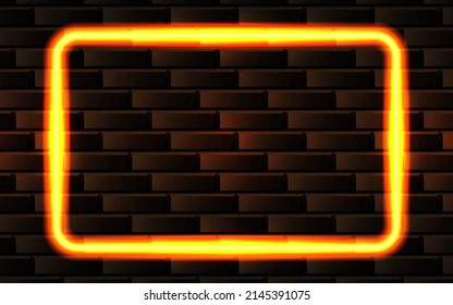 Futuristic Sci Fi Modern Neon Glowing Rectangle Frame for Banner on Dark Empty Grunge Concrete Brick Background. Vector Vintage Yellow Golden Colored Lights. Retro Neon Frame.