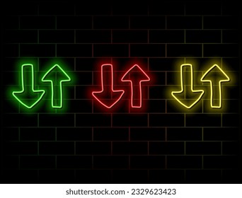 Futuristic Sci Fi Modern Neon Pine Glowing Arrows Frame for Banner on Empty Grunge Dark Concrete Brick Background. Vector Vintage Purple Blue Colorful Directions Light Bulb. Retro neon sign. many colo