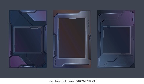 Futuristic sci fi UI frame template dark metallic game card designs with glowing neon light effects, tech borders cyberpunk HUD interfaces