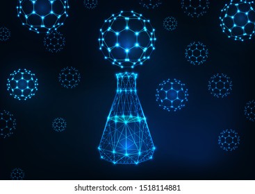 Futuristic science abstract background with glowing low polygonal laboratory flask and fullerene buckyball molecules on dark blue background. Scientific research and development concept. Vector.