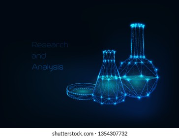 Futuristic science background with glowing low polygonal cone and round beaker and petri dish made of lines, stars, triangles on dark blue background. Scientific chemistry concept. Vector illustration