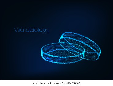 Futuristic science background with glowing low polygonal petri dish on dark blue background and text. Microbiology research and analysis concept. Modern wireframe design vector illustration