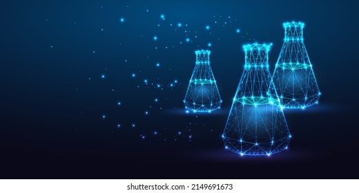 Futuristic science, chemistry pharmaceutical research concept banner with glowing laboratory beakers