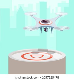 Futuristic science fiction drone concept with action camera created video and photo. 
Modern flat cartoons style vector illustration on white background. Drone sits on landing area against city.