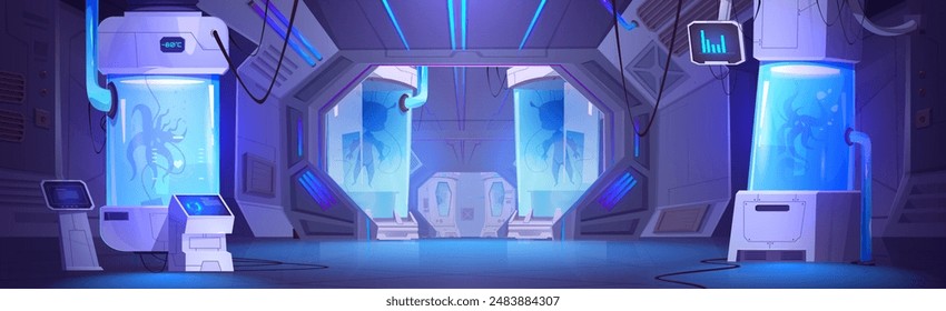 Futuristic science lab with space aliens in cryogenic capsules. Vector cartoon illustration of spaceship hall with computer screens, glass chambers with creatures in liquid substance, game background