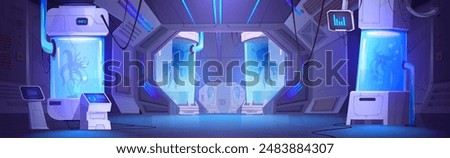 Futuristic science lab with space aliens in cryogenic capsules. Vector cartoon illustration of spaceship hall with computer screens, glass chambers with creatures in liquid substance, game background