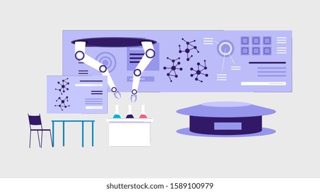 Futuristic science laboratory interior - flat isolated banner with nobody inside. Robotic hands holding chemistry beakers on modern lab background - vector illustration