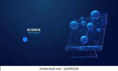 Futuristic science low poly wireframe banner vector template. Scientific research technology, biotechnology study poster polygonal design. Monitor with molecule model 3d mesh art with connected dots